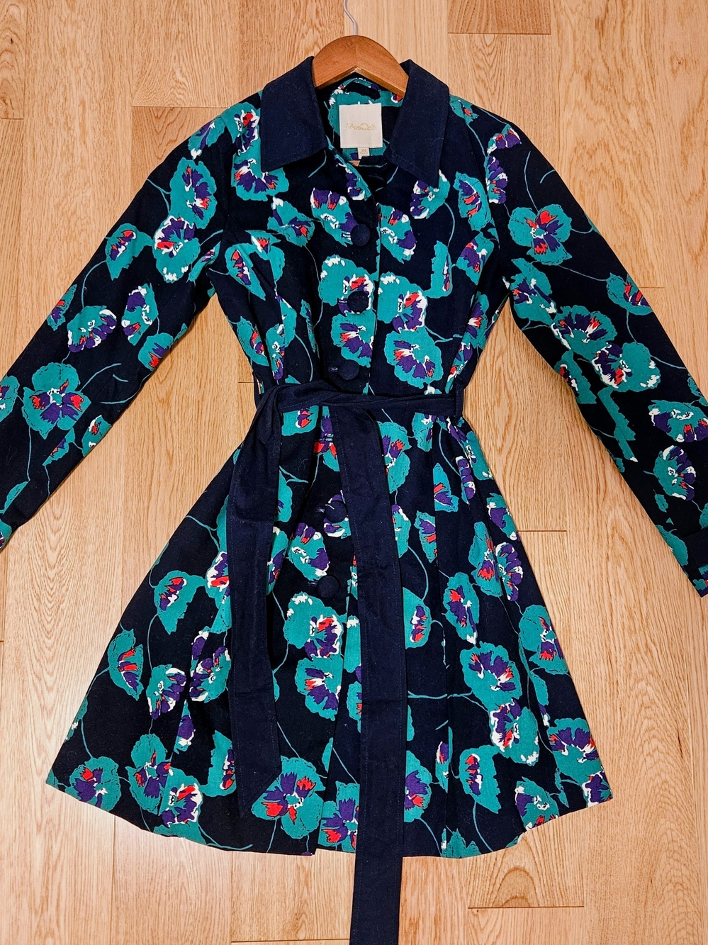 Floral Belted A-Line Dress in Teal & Navy